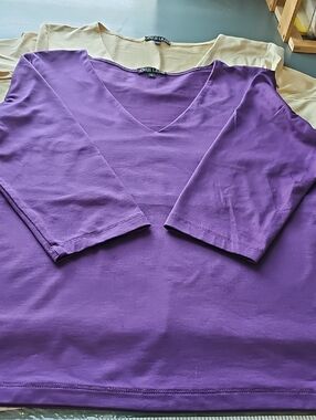 A'NUE LIGNE LARGE LOT OF 2 Basics Women’s V-Neck 3/4 Sleeve Top - Purple, TAN.